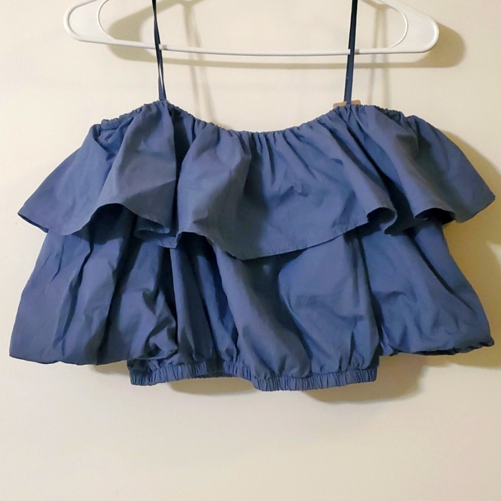 #018 Off-shoulder Denim Ruffle Top - Picture 4 of 8